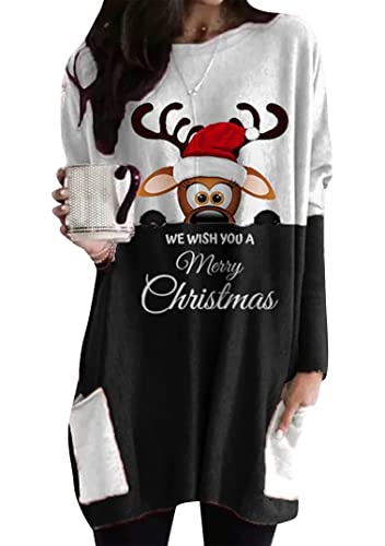 EFOFEI Damen Weihnachtspullover mit Taschen Rentierkleid Pullover Nähte Rundhals Pullover Damen Langarm Sweatshirt AFFE Weiß Schwarz L von EFOFEI