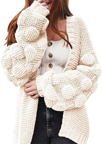 EFOFEI Damen Wickel Langer Herbst Cardigan Winter Gestrickter Pullover Balloon Sleeve Cardigan Weiß L von EFOFEI