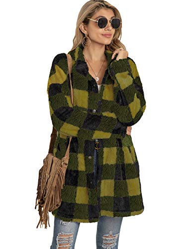 EFOFEI Damen Winter Fleece Kapuze Plaid Shirt Übergröße Kariert Übergangsjacke Umlegekragen Langarm Tunika Langarmshirt Kariertes Hemd Casual Flannel Tunika Grün+Gelb L von EFOFEI