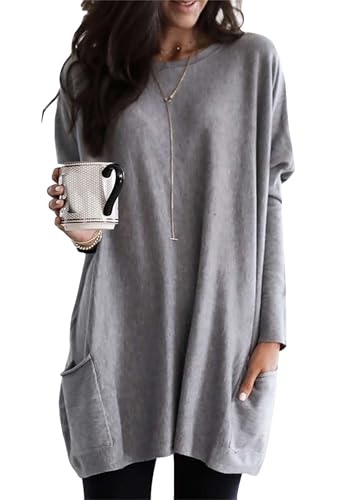 EFOFEI Damen Sweatshirt Mit Rundhalsausschnitt Lockerer Passform Langärmliges Bedrucktes Hemdkleid Lässige Tops Mit Taschen Grau XXL von EFOFEI