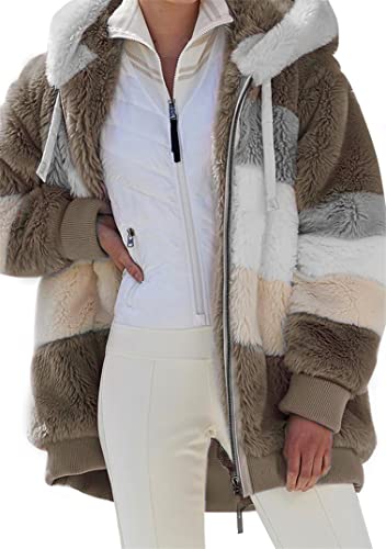 EFOFEI Damen Winter Warm Soft Teddy Kapuzenpullover Hoody Warm Fluffy Zip Jacket Hoody Warm Fluffy Zip Coat Fleece Hoodies Khaki 5XL von EFOFEI