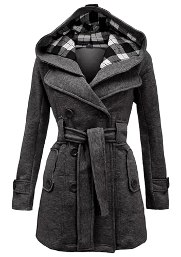 EFOFEI Damen Winter Zweireiher Mantel Trenchcoat Mantel Mit Kapuze Dunkelgrau S von EFOFEI