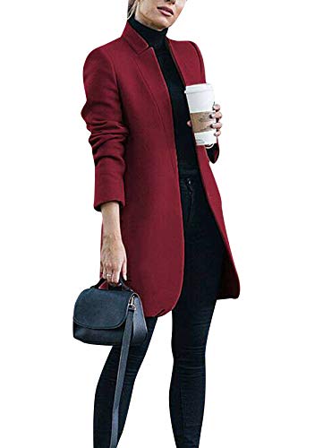EFOFEI Damen Wintermantel Übergangsjacke Langer Herbst Und Winter Langer Mantel Warmer Damenmantel Einfarbiger Tweed Mantel Weinrot S von EFOFEI