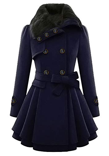 EFOFEI Damen Wintermantel Wollmantel Mit Faux Pelz Kragen Parka Herbstjacke Elegant Zweireihiger Trenchcoat Lang Mantel Übergangsjacke Dufflecoat Blau XXS von EFOFEI