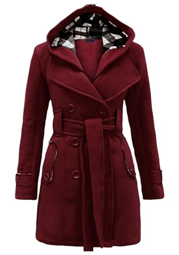 EFOFEI Damen Wollmischung Zweireiher Mantel Winter Midi Länge Trenchcoat Mit Kapuze Burgund XL von EFOFEI