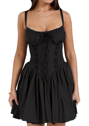 EFOFEI Damen Y2K Spaghettiträger Korsett Kleid Ärmellos Krawatte Up Party Kleid Viereckiger Hals Bustier A-Linie Kleider Schwarz L von EFOFEI