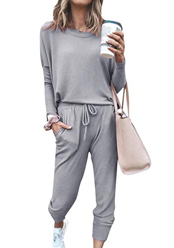 EFOFEI Damen Zweiteilige Nachtwäsche Langarm Sportanzug für Frühling und Herbst Damen Pyjama mit Gummibandhose Grau M von EFOFEI