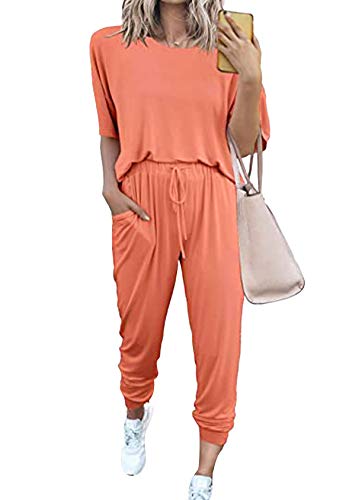 EFOFEI Damen Zweiteiliges komfortables Zuhause Kurzarm Oberteil Top + Lange Hose Schlafanzug Sportanzug Trainingsanzug Mode 2-teiliges Set Hellrot XL von EFOFEI