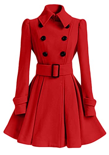 EFOFEI Damenmantel Elegant Warmer Trenchcoat Wollmischung Wintermantel Flary Mantel Elegant Baumwolle Wolle Outwear Rot M von EFOFEI