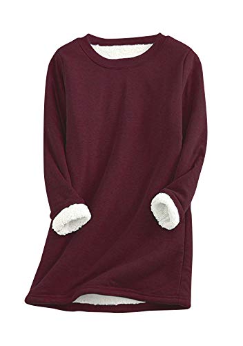 EFOFEI Frauen Baumwolle Plüsch Thermal Pullover Rundhals Weiche Loungewear Winter Warm Verdickte Pullover Herz Muster Langarm Pullover Rotwein 4XL von EFOFEI