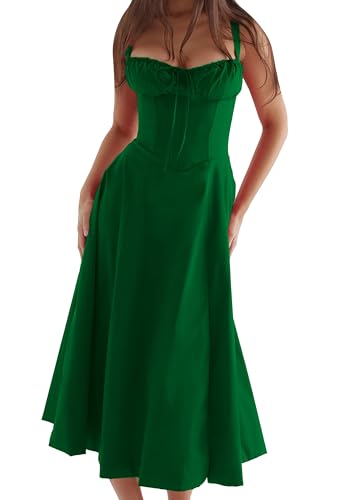 EFOFEI Frauen Blumig Quadrat-Ausschnitt Kleid Formal Midi Kleider Plissiertes Swing Sommerkleid Grün L von EFOFEI