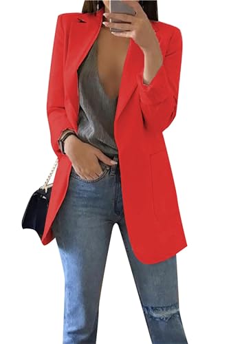EFOFEI Frauen Casual Schalkragen Langarm Offene Front Büro Business Anzug Jacken Solid Long Blazer Rot XXL von EFOFEI