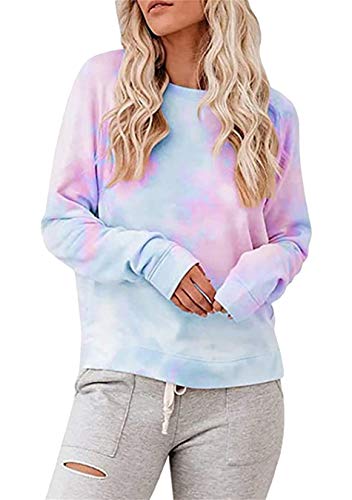 EFOFEI Frauen Casual Tie Dye Print Hoodie Sweatshirt Langarm Loose Pullover Tunika Tops Blau Lila S von EFOFEI