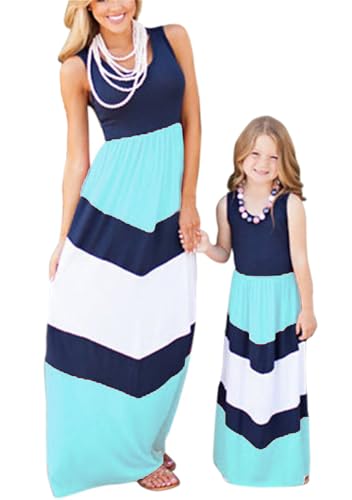 EFOFEI Frauen Gestreiftes Maxi Kleid Mit Tasche Kinder Tag Mädchen Kleid Boho Gedruckt Swing Kleid Blau 6-7 Jahre von EFOFEI
