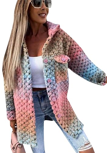 EFOFEI Frauen Herbst Mehrfarbige Jacken Reverskragen Knopfleiste Lockere Hemden Midi Lange Hemdjacke mit Taschen Rosa M von EFOFEI