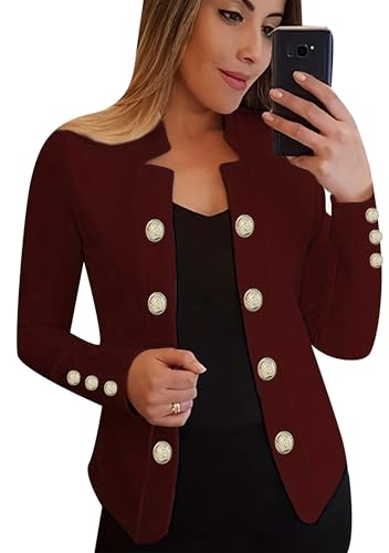 EFOFEI Frauen Kerbe Revers Arbeit Büro Blazer Slim Fit Langarm Knopf Blazer Revers vorne offen Anzug Mantel Weinrot L von EFOFEI