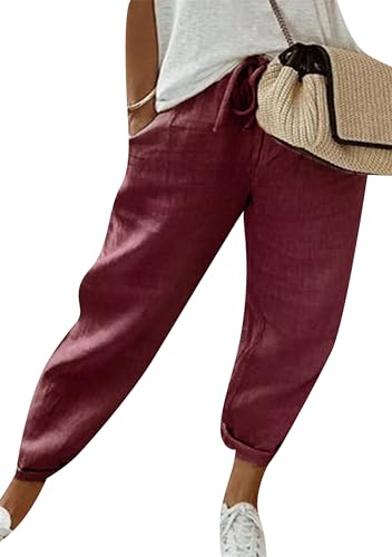 EFOFEI Frauen Lässige Urlaubshosen Elastischer Taillenumfang Strand Shorts Baggy Kordelzug Leinenhosen Weinrot XL von EFOFEI