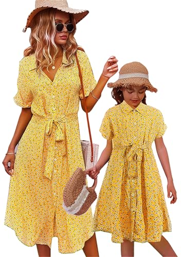 EFOFEI Frauen Lässiges Sommer Hemdkleid Boho Flowy Langes Kleid Gartenparty Ferienkleid Gelb S von EFOFEI