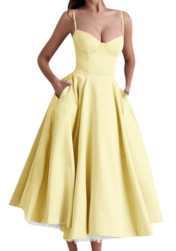 EFOFEI Frauen Lange Ballabend Abendkleider Spaghetti Träger Midi Kleid Rückenfrei A-Linie Reißverschluss Kleider Gelb XS von EFOFEI