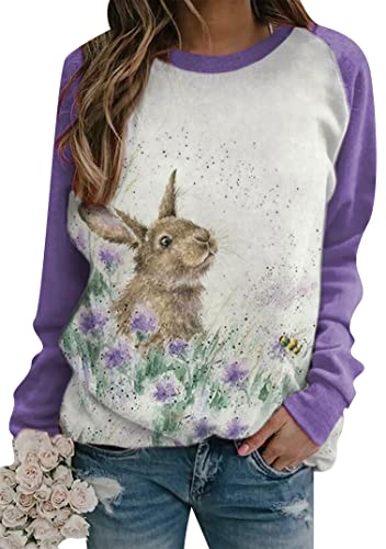 EFOFEI Frauen Loose Fit Bunny Graphic Top Tie-dye Pullover Bunt Pullover Ostern Langarm Color Block Shirt Lila L von EFOFEI