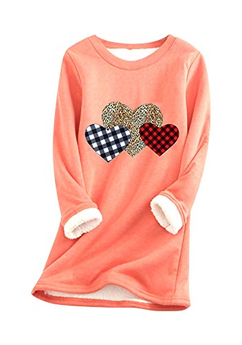 EFOFEI Frauen Lose Passform Shirts Winter Warm Sweatshirt Gefüttert Plus Vlies Top Mode Vlies Sweater Herz Wassermelonenrot L von EFOFEI