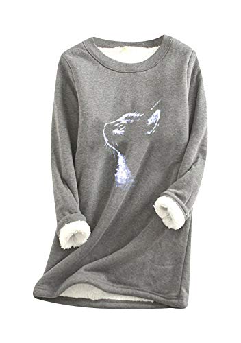 EFOFEI Frauen Plus Vlies Warmes Sweatshirt Lässig Katze Muster Pullover Weiche Und Bequeme Home Top Baumwolle Plüsch Thermal Pullover Katze Dunkelgrau XXL von EFOFEI
