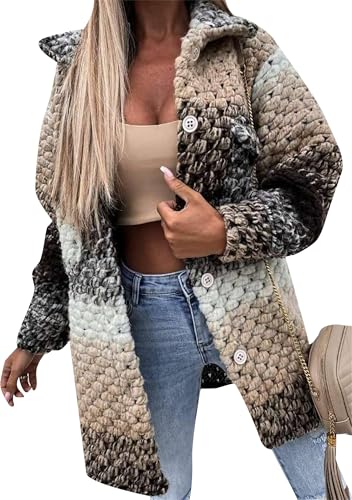 EFOFEI Frauen Reverskragen Ombre Jacken Farbblockdruck Hemd Knopfleiste Ombre Kragen Midi Jacken Khaki M von EFOFEI