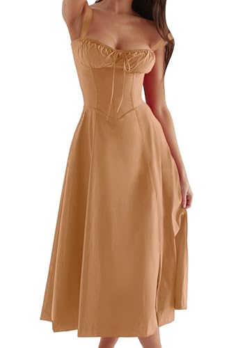 EFOFEI Frauen Urlaub Party Sommerkleid Vintage Cocktailkleider Plissiertes Swing Sommerkleid Karamell L von EFOFEI