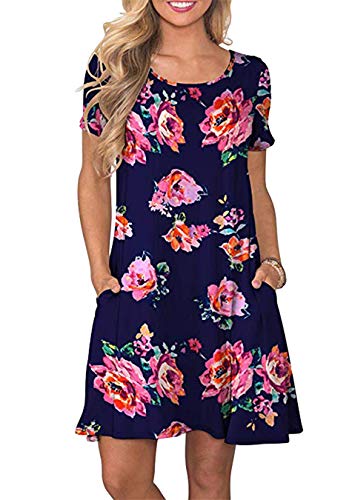 EFOFEI Freizeitkleid für Frauen Kurzarm-Minikleid mit Taschen Navy Blau Pfingstrose M von EFOFEI