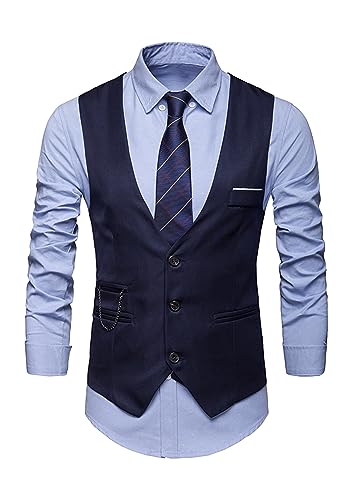 EFOFEI Herren Anzug Weste Casual Business Weste V-Neck Anzugwesten mit Kette Navy Blau XS von EFOFEI