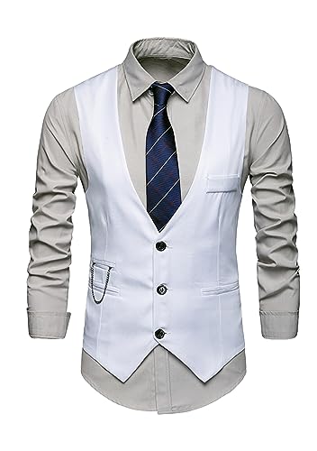 EFOFEI Herren Anzug Weste Casual Business Weste V-Neck Anzugwesten mit Kette Weiß XS von EFOFEI