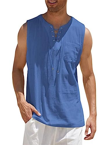 EFOFEI Herren Baumwolle Leinen Tank Top Hemden Piraten Renaissance Wikinger Tunika Leichtgewicht Strand Sommer Hemden Denim Blau 5XL von EFOFEI