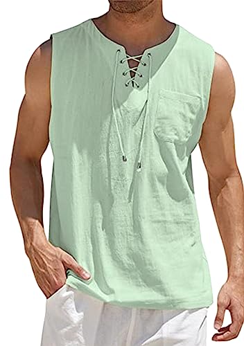 EFOFEI Herren Baumwolle Leinen Tank Top Shirts ärmellos Lace Up Beach Tops Leichte Strand Sommer Shirts Hellgrün 4XL von EFOFEI