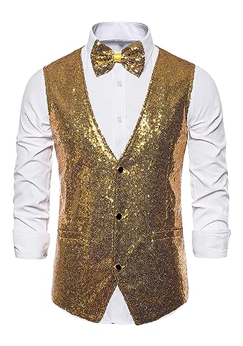 EFOFEI Herren Business Pure Color Shiny Vest Bowtie 2 Stück Nachtclub Westen Klassisch Hochzeit Party Prom Weste Gold L von EFOFEI