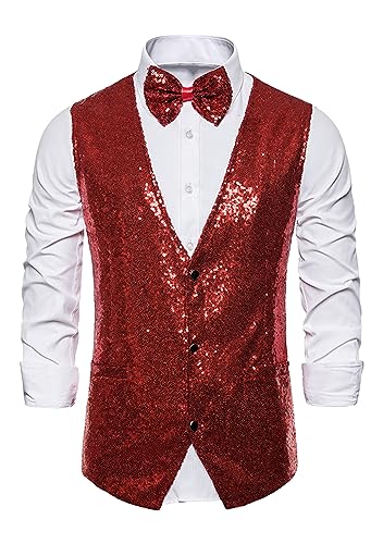 EFOFEI Herren Business Pure Color Shiny Vest V Neck Solid Color Glitter Waistcoat Sequin Slim Fit Waistcoat Silver Weinrot M von EFOFEI