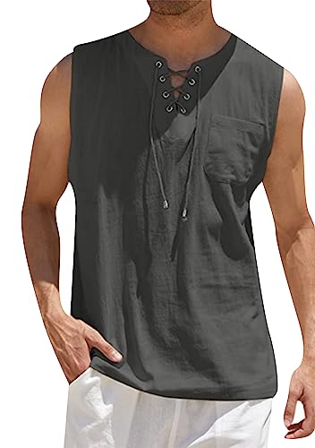 EFOFEI Herren Drawstring Sommer Top Mit Tasche Casual V Neck Beach Top Lose Hip Hop T-Shirts Mit Tasche Dunkelgrau M von EFOFEI