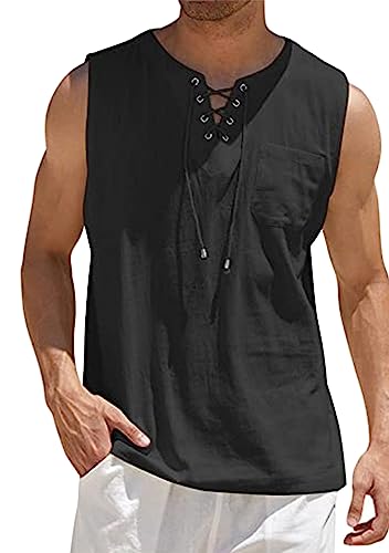 EFOFEI Herren Festes Farbe Einfaches Atmungsaktives Top Lässig V Hals Strand Top Lace Up Baumwolle Leinen Tank Tops Schwarz 5XL von EFOFEI