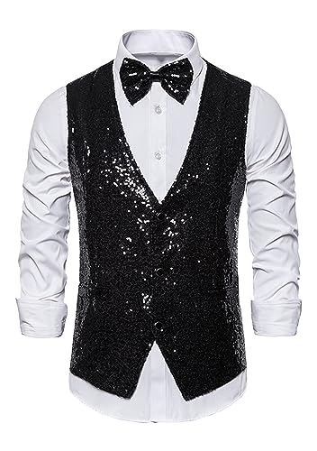 EFOFEI Herren Klassische Hochzeit Party Partyweste Mode Glänzende Kerbe Revers Weste Pailletten Slim Fit Weste Schwarz L von EFOFEI