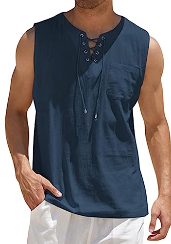 EFOFEI Herren Lose Hip Hop T-Shirts Mit Tasche Sommer Strand Ärmellose Shirts Lace Up Baumwolle Leinen Tank Tops Navy Blau 5XL von EFOFEI