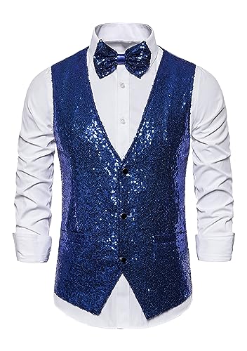 EFOFEI Herren Mode Glänzend Notch Revers Weste Party Hochzeit Bankett Prom Weste Ärmellos Prom Weste mit Fliege Blau XL von EFOFEI