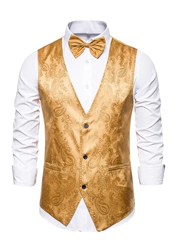 EFOFEI Herren Paisley Floral Jacquard Weste Host Singer Emcee Tanzweste Formal Hochzeit Party Weste Gelb M von EFOFEI