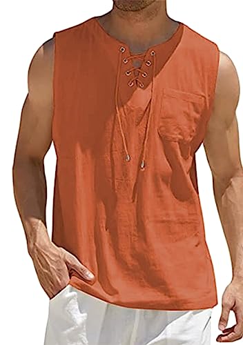EFOFEI Herren Retro Style V-Ausschnitt Spitze Tunika Einfarbig Einfaches Atmungsaktives Top Leichte Strand Sommer Hemden Ziegelrot 5XL von EFOFEI