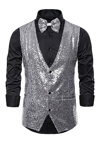 EFOFEI Herren V-Ausschnitt Uni Farbe Glitzer Weste Pailletten Slim Fit Weste Weste mit Fliege für Party Club Silber S von EFOFEI