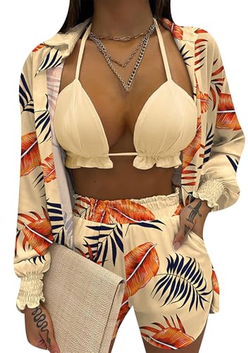 EFOFEI Lady Bunte Blumenbluse Strickjacken Langarm Revers Shirt Elastikband Freizeit Shorts Apricot M von EFOFEI