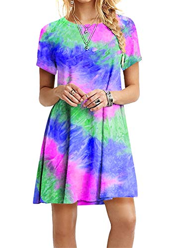 EFOFEI Lässiges Rundhals Mini Kleid Für Damen Comfy Tie Dye Print Regenbogen Kleid Tie Dye Blau 2XL von EFOFEI