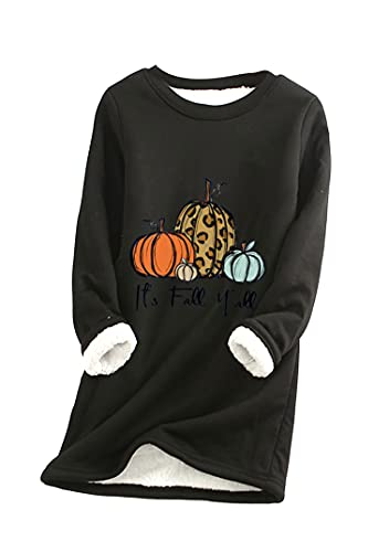 EFOFEI Mädchen Langarmshirt Mit Rundhalsausschnitt Winter Plus Samt Pullover Top Mit Kürbismuster Schwarz M von EFOFEI