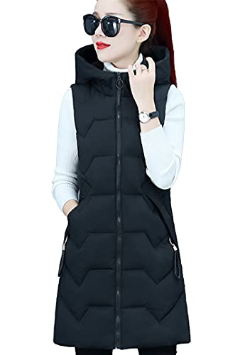 EFOFEI Mädchen Lange Winter Daunenjacke Mit Taschen Ärmellose Daunenjacke Winter Warm Reißverschluss Mantel Jacke Mode Gepolstert Knopf Schwarz M von EFOFEI