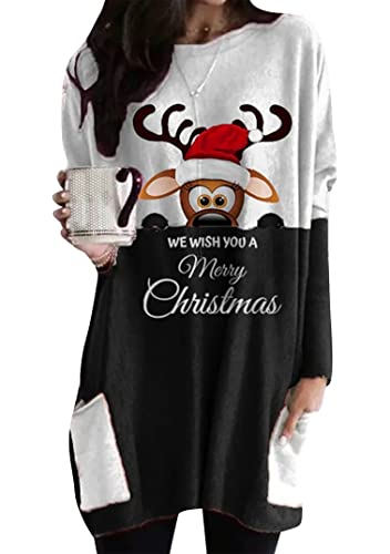 EFOFEI Mädchen Neuheit Lustige Grafik Tops Plissee Bodycon Pullover Chrismas Pullover mit Taschen Rentierkleid Pullover AFFE Weiß Schwarz S von EFOFEI