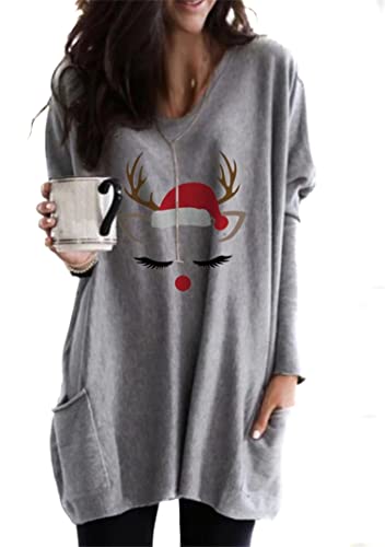 EFOFEI Mädchen Weihnachts Muster Top Sweatshirt mit Taschen auf beiden Seiten Festliche Geschenk Party Shirts Top mit Weihnachtselchmuster Elch Grau L von EFOFEI