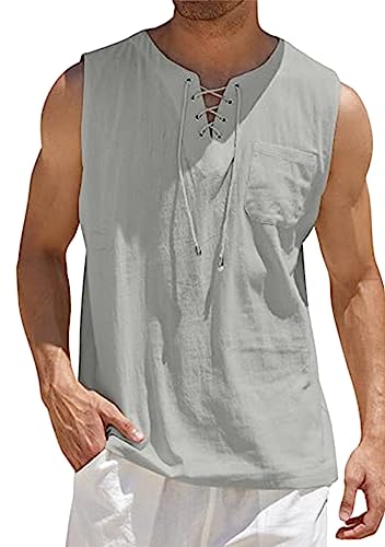 EFOFEI Männer Sommer Strand ärmellose Hemden Piraten Renaissance Wikinger Tunika Lace Up Baumwolle Leinen Tank Tops Hellgrau 5XL von EFOFEI